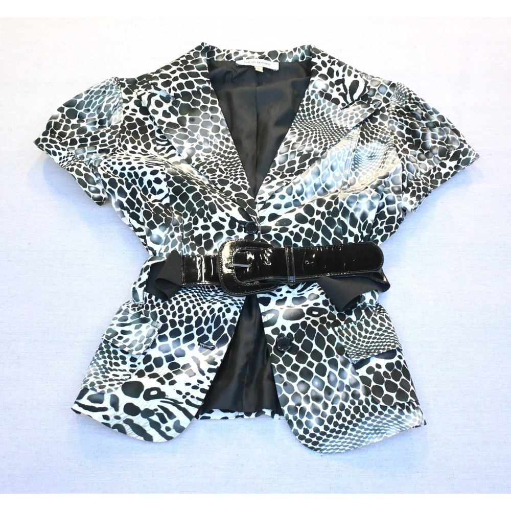 Harve Benard Womens XL Cotton Belted Peplum Jacket Black White Animal Print Bold